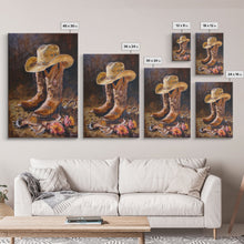 Cargar imagen en el visor de la galería, Classic Cowboy Hat and Boots Art - Framed Canvas Print, Rustic Bedroom Decor, Cowboy Themed Wall Art for Home, Western Artwork
