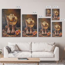 Load image into Gallery viewer, Cowboy Boots and Hat with Flowers Art - Framed Canvas Print, Rustic Wall Decor, Western Bedroom Art, Cowboy Home Decoration
