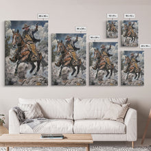 Load image into Gallery viewer, Framed Canvas Print, Cowboy Riding Horse with Gun Wall Art, Western Style Artwork for Living Room or Bedroom Decor, Dynamic Home Art Piece

