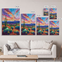 Load image into Gallery viewer, Framed Canvas Print, Cacti and Mountains at Sunset Wall Art, Vibrant Southwest Decor for Living Room or Bedroom, Nature Art Decoration Piece
