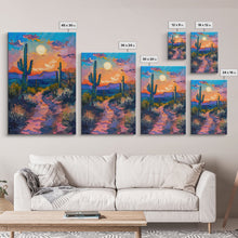 Load image into Gallery viewer, Framed Canvas Print, Colorful Desert Sunset with Cacti Wall Art, Southwest Landscape for Living Room or Bedroom, Vibrant Wall Art Piece
