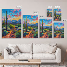 Load image into Gallery viewer, Framed Canvas Print, Cactus and Desert Path Wall Art, Vibrant Southwest Landscape for Living Room or Bedroom, Nature Art Poster Piece
