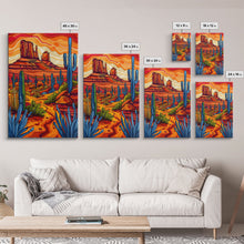 Carregar imagem no visualizador da galeria, Framed Canvas Print, Vibrant Desert Scene with Cacti and Mesas, Perfect Southwest Wall Art for Living Room or Bedroom Decor
