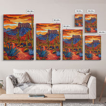 Load image into Gallery viewer, Framed Canvas Print, Bold Desert Landscape with Saguaro Cacti and Mountains, Unique Wall Art for Living Room or Bedroom
