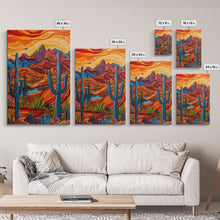 Load image into Gallery viewer, Framed Canvas Print, Bright Desert Landscape with Cacti and Mountains, Perfect Wall Art for Living Room or Bedroom
