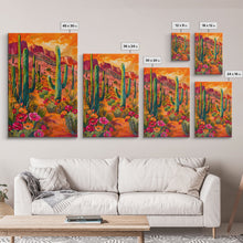 Load image into Gallery viewer, Framed Canvas Print, Vibrant Desert Scene with Saguaro Cacti and Flowers, Unique Wall Art for Living Room or Bedroom
