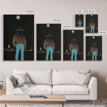 Load image into Gallery viewer, Cowboy Under the Moon Print - Framed Canvas Wall Art, Rustic Western Decor, Nighttime Cowboy Artwork for Living Room, Western Night Sky
