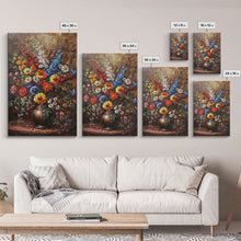 Load image into Gallery viewer, Bold Flower Bouquet Art on Dark Background - Framed Canvas Print, Vibrant Floral Wall Art for Living Room, Modern Artwork, Flower Decor
