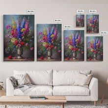 Load image into Gallery viewer, Dramatic Floral Vase Art on Rich Background - Framed Canvas Print, Bold Flower Decor for Living Room, Botanical Artwork, Floral Wall Art
