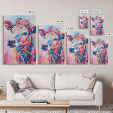 Carregar imagem no visualizador da galeria, Floral Crowned Cow Portrait - Whimsical Farmhouse Wall Art, Vibrant Animal Painting, Bedroom Decor, Cute Cow Canvas Print

