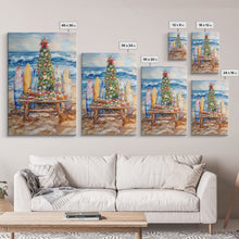 Cargar imagen en el visor de la galería, Christmas tree with surfboards on the beach, Framed Canvas Print tropical holiday wall art perfect beach Christmas decor holiday gift idea
