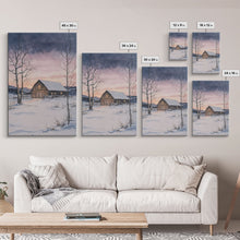 Load image into Gallery viewer, Barn In The Winter, Framed Canvas Print, Winter Landscape Print, Rustic Christmas Art, Primitive Decor
