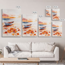 Carregar imagem no visualizador da galeria, Canoe On A Serene Fall Lake, Framed Canvas Print, Autumn Decor, Fall Wall Art, Fall Poster, Autumn Prints Wall Art
