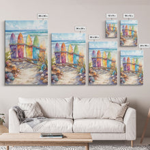 Cargar imagen en el visor de la galería, Christmas Surfboards On A Snowy Beach, Framed Canvas Print, Tropical / Nautical Christmas Art or Gift Idea, Christmas Poster
