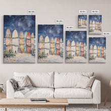 Cargar imagen en el visor de la galería, Christmas Surfboards On A Snowy Beach, Framed Canvas Print, Tropical / Nautical Christmas Art or Gift Idea, Christmas Poster
