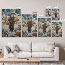 Load image into Gallery viewer, Cowboy Christmas Decor Framed Canvas Print with Pumpkin in Snow, Rustic Holiday Home Wall Art and Seasonal Gift Idea 2024
