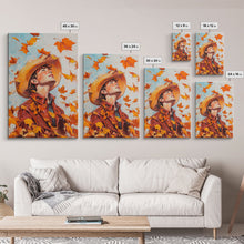 Load image into Gallery viewer, Cowboy Fall Decor Canvas Print with Windblown Leaves, Rustic Farmhouse Autumn Holiday Wall Art Seasonal Gift Idea 2024
