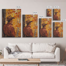 Load image into Gallery viewer, Cowboy in Autumn Forest Framed Canvas Print - Rustic Fall Wall Art Perfect Gift Idea 2024 Country Decor - Moody Landscape Art
