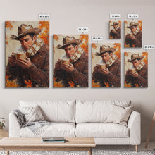 Load image into Gallery viewer, Cowboy with Coffee Mug in Autumn Framed Canvas Print - Fall Country Wall Art 2024 Rustic Home Decor and Gift Idea
