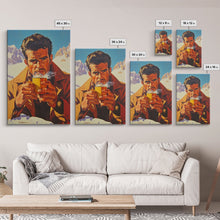 Load image into Gallery viewer, Cowboy Drinking Coffee in Winter Cabin Framed Canvas Print - Cozy Christmas Wall Art 2024 Rustic Holiday Decor
