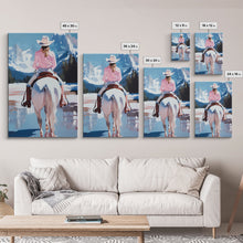 Cargar imagen en el visor de la galería, Female Cowboy Riding Through Winter Mountains Framed Canvas Print Christmas Wall Art Winter Wonderland Vintage Christmas Gift Wall Art
