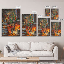 Cargar imagen en el visor de la galería, Children Hanging Stockings By The Fireplace Framed Canvas Print Tall Art With Christmas Tree, Nostalgic Christmas Wall Art Holiday Decor
