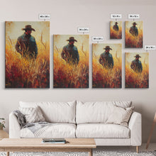 Load image into Gallery viewer, Cowboy in Golden Wheat Field Canvas Print, Western Landscape Art Gift, Seasonal Decor, Modern, Perfect Holiday Gift, Framed Canvas Print
