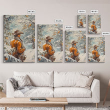 Load image into Gallery viewer, Cowboy in Snowy Orchard Canvas Print with Frosty, Christmas Wall Art Gift, Seasonal Decor, Winter Wonderland, Holiday Decor, Canvas Print
