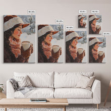 Load image into Gallery viewer, Framed canvas print of a peaceful winter scene with a woman a hot chocolate perfect for holiday gift idea or rustic Christmas wall art decor
