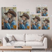 Carregar imagem no visualizador da galeria, Fall-themed farmhouse framed canvas print a woman with coffee amidst autumn leaves ideal harvest home decor or seasonal wall art gift idea
