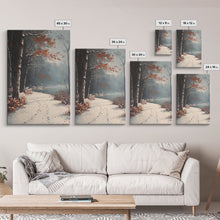 Load image into Gallery viewer, Framed Canvas Print of a Snowy Path with Trees and Red Leaves, Winter Wall Art, Moody Landscape, Best Gift Idea, Modern Christmas Decor
