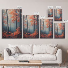 Carregar imagem no visualizador da galeria, Framed Canvas Print of Misty Autumn Forest with Vibrant Red Leaves, Seasonal Wall Art, Modern Farmhouse, Gift Idea, Fall Landscape Art
