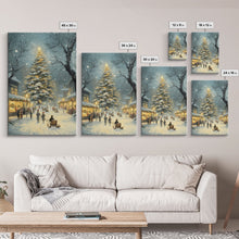 Cargar imagen en el visor de la galería, Christmas Tree Village Snowy Winter Scene Framed Canvas Print Christmas Wall Art Christmas Decor Christmas Tree Art Holiday Gift Winter Art
