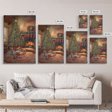 Cargar imagen en el visor de la galería, Children By Fireplace And Christmas Tree Framed Canvas Print Cozy Holiday Home Decor With Warm Fire And Festive Decorations Christmas Art
