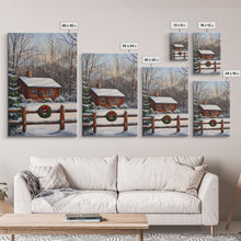 Load image into Gallery viewer, Snowy Log Cabin With Wreath And Fence Framed Canvas Print Rustic Winter Scene With Cozy Cabin In Snow Perfect Christmas Home Decor Wall Art
