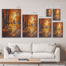 Carregar imagem no visualizador da galeria, Autumn Park Bench Scene With Trees And Lamppost Framed Canvas Print Wall Art Fall Decor, Rustic Autumn Art Gift, Seasonal Canvas Art
