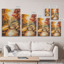 Carregar imagem no visualizador da galeria, Autumn Bridge Over Stream Framed Canvas Print Wall Art Fall Landscape Decor, Rustic Autumn Art Gift, Seasonal Wall Art
