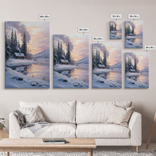 Load image into Gallery viewer, Cabin In Snowy Forest Framed Canvas Print Wall Art Winter Landscape Decor, Cozy Christmas Art Gift, Rustic Winter Wonderland Art
