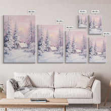 Load image into Gallery viewer, Pink Snowy Cabin Landscape Framed Canvas Print Wall Art Winter Wonderland Decor, Christmas Art Gift, Rustic Winter Scene Art
