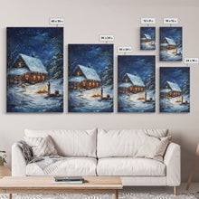 Load image into Gallery viewer, Cowboy Christmas by the Fire Framed Canvas Print, Western Holiday Decor with Snowy Cabin, Cozy Art Perfect for Rustic Christmas Winter Decor
