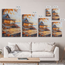 Load image into Gallery viewer, Cozy autumn cabin porch with pumpkins and scenic view, Framed Canvas Print, perfect above sofa art, fall seasonal decor, gallery wall
