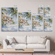 Carregar imagem no visualizador da galeria, Beach Christmas porch with palm trees and wreaths, holiday decor Framed Canvas Print Christmas wall art farmhouse tropical decor idea
