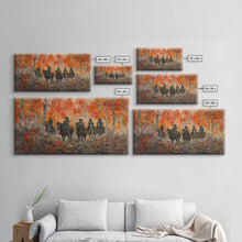 Load image into Gallery viewer, Framed Canvas Print Horseback Riders in Rustic Fall Forest, Cowboy Theme Wall Art, Autumn Home Decor, and Seasonal Canvas Wall Print

