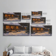 Cargar imagen en el visor de la galería, Festive Log Cabin Winter Scene Framed Canvas Print Christmas Wall Art, Rustic Holiday Art, Cozy Christmas Scene, Seasonal Wall Decor Gift
