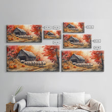 Load image into Gallery viewer, Framed Canvas Print Autumn Farm with Sheep and Pumpkins, Perfect Fall Decor, Rustic Country Home Wall Art, Seasonal Autumn Canvas Print
