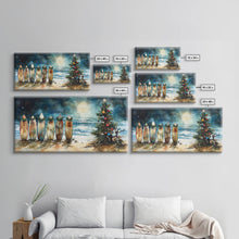 Carregar imagem no visualizador da galeria, Canvas Print Surfboards and Christmas Tree at Beach, Tropical Christmas Decor, Beach Christmas Art, Coastal Holiday Wall Art
