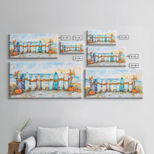 Load image into Gallery viewer, Framed Canvas Print Beach Scene with Surfboards and Pumpkins, Fall Beach Decor, Autumn Coastal Wall Art, Perfect Fall Beach Theme
