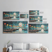 Load image into Gallery viewer, Framed Canvas Print Full Moon Lanterns on Boats, Dreamy Night Scene, Watercolor Christmas Art, Unique Holiday Decor, Coastal Christmas
