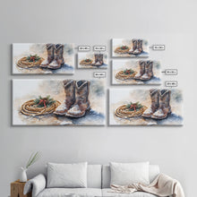 Load image into Gallery viewer, Framed Canvas Print Cowboy Boots and Rope with Pinecones, Rustic Winter Decor, Western Christmas Art, Perfect Holiday Wall Print

