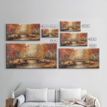 Carregar imagem no visualizador da galeria, Autumn Bridge Over Quiet River Tall Art Framed Canvas Print Serene Fall Landscape With Colorful Foliage And Peaceful Reflections
